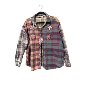 Forelli Patchwork Plaid Flannel Shirt Crochet Trim Cotton Size 26 28